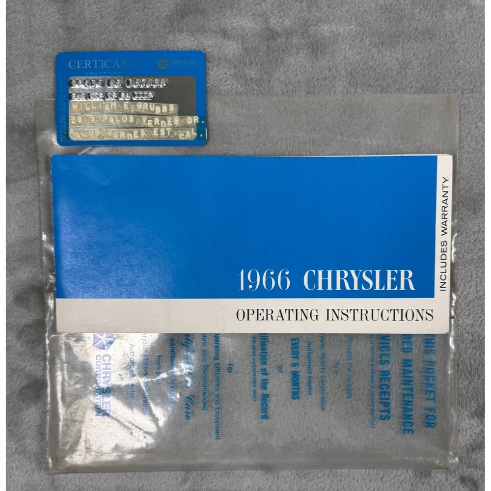 1966 Chrysler Operating Instructions Booklet Certicard Plastic Case Manual